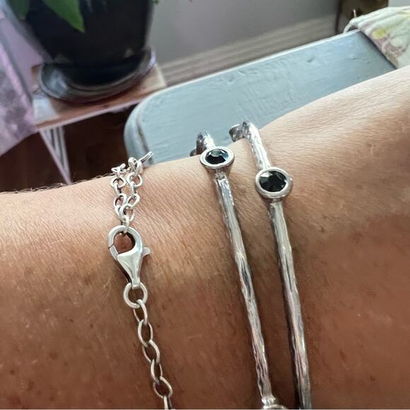 Silver Tone & Stone Bangle Bracelets Set of 2 - Picture 7 of 7